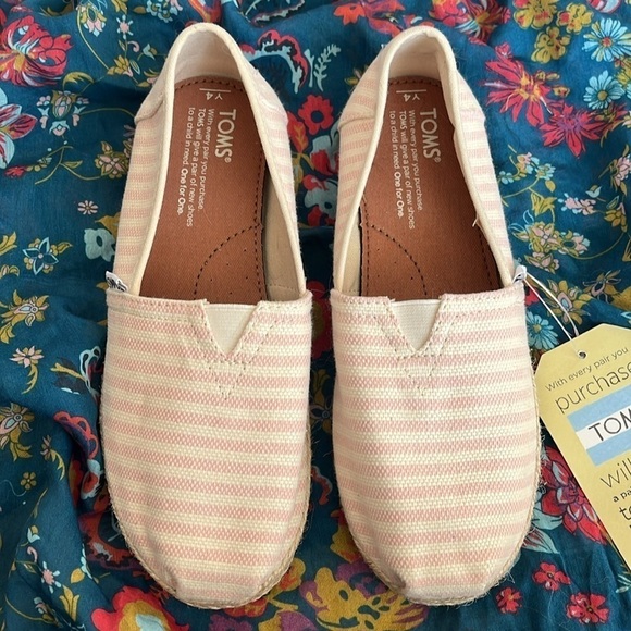Brand New Toms Blossom Woven Stripe Rope Sole Slip On Flats Spring Pink Canvas - Picture 4 of 14